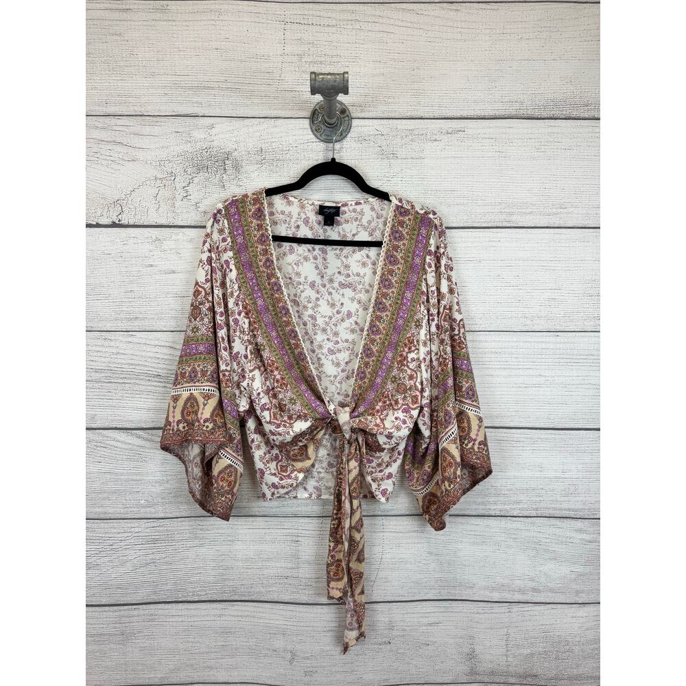Daytrip Cream Floral Tie-Front Blouse with Purple and Brown Border